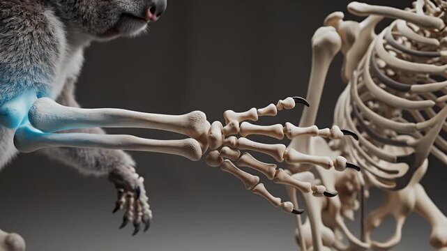 Detailed High Resolution Scientific Illustration of a Koala's Forelimb Anatomical Comparison with a Skeletal Structure in Studio Lighting