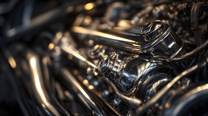 Close-up of a high-performance car engine with gleaming chrome exhaust pipes and intricate mechanical details.