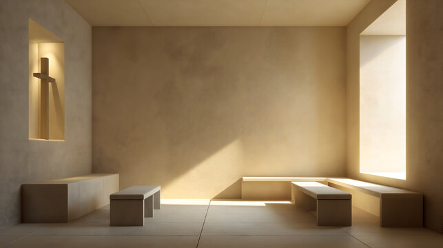 A serene and peaceful chapel interior with a cross on the wall and benches for contemplation Easter Day
