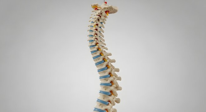Detailed 3D Illustration of a Human Spinal Column Anatomical Model with Vertebrae, Discs and Nerves, Symbolizing Health, Orthopedic Support and Medical Science on a Neutral Grey Background