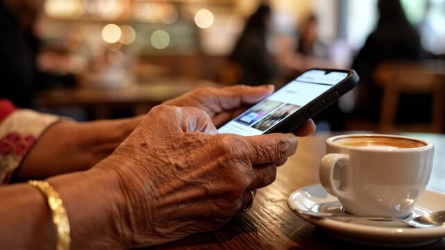 Elderly person using smartphone at a coffee shop with a cup of coffee.