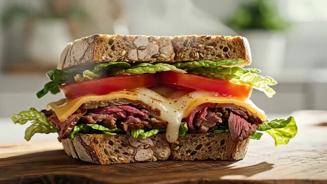 Close up of a delicious sandwich with fresh ingredients on a wooden board