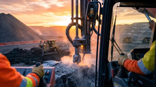 POV of operator inside heavy machinery cabin drilling rocks in open pit mine at sunset