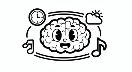 Cartoon Brain with Clock, Music Notes, and Cloud, Illustrating Time, Music, and Mood