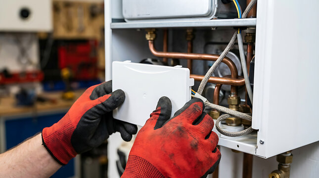 Technician installing boiler component with copper pipes exposed