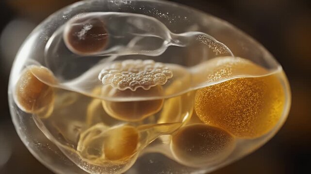 Extreme Close Up of Fertilized Egg Cell Structure with Internal Ovals and Granular Texture in Soft Ambient Lighting