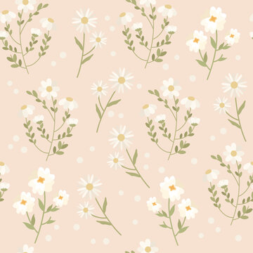 Soft Daisy Floral Seamless Pattern with Neutral Beige Background