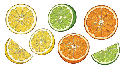 Fototapeta premium Fresh Citrus Fruits Slices: Lemons, Limes, Oranges Isolated on White
