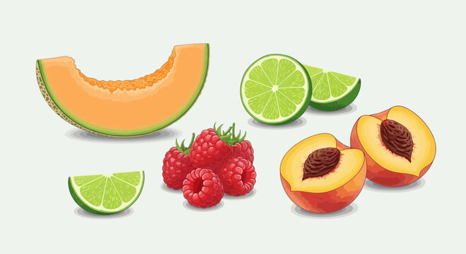 Fresh Fruits Assortment: Cantaloupe, Limes, Raspberries, and Peaches