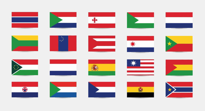 Fabric flags of world countries including Germany, France, Italy, England, Spain, Belgium, Austria, Poland, and Denmark displayed as national symbols and icons