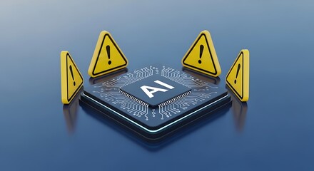 Yellow warning signs around a black and white A I chip with circuit patterns on a blue background artificial intelligence