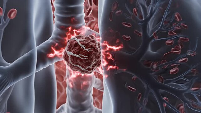Microscopic view of red blood cells flowing through a vein artery with a tumor cell forming medical animation
