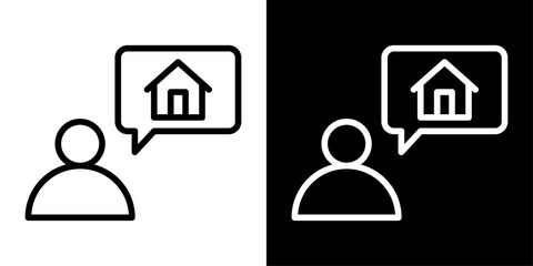 Fototapeta premium Modern real estate agent icon in outline style featuring person with house symbol in speech bubble. Clean minimal sign for property consulting and UI design.