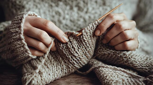 Woman Knitting with Beige Yarn and Needles.