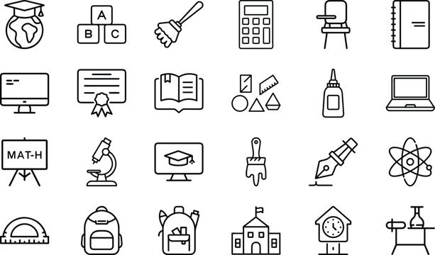 Mega Education and School Line Icons Bundle, Academic Learning Outline Icon Set with Classroom Tools, Books, Science, Math, Student, Teacher, University and Online Learning Symbols for Web, App, UI UX