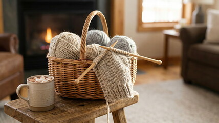 Obraz premium Cozy autumn or winter scene with knitting project, yarn in a basket, and a warm mug by a fireplace in a comfortable home setting.