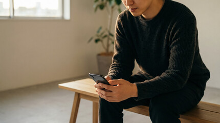 Man Using Smartphone Sitting on Wooden Bench Minimal Interior