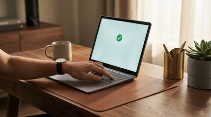 Laptop Screen with Green Check Mark Confirmation on Clean Desk