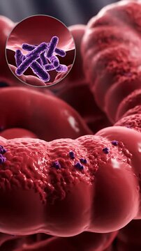 Microscopic view of rod shaped bacteria infecting red blood cells and causing disease in the human circulatory system