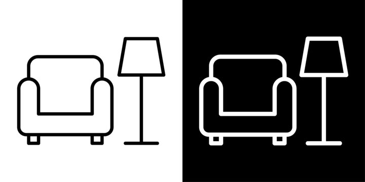 Modern living room icon featuring sofa and floor lamp in outline style. Perfect for home interior, furniture, real estate and UI design.