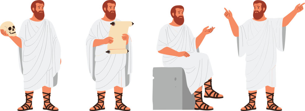 Ancient Greek philosopher character set in toga holding scroll and skull with teaching gestures flat vector illustration