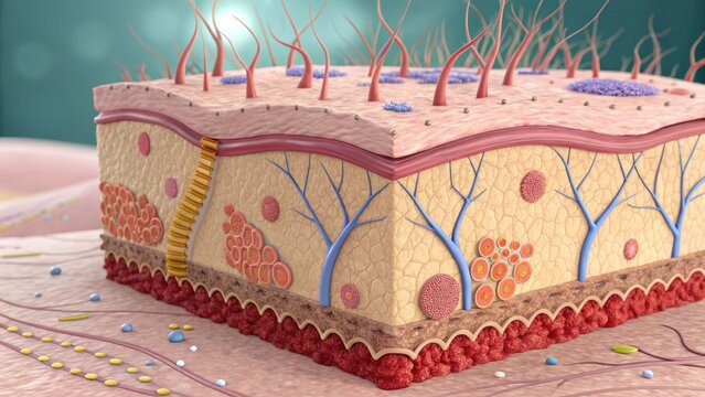 Cross-section of human skin with hair follicles and vessels