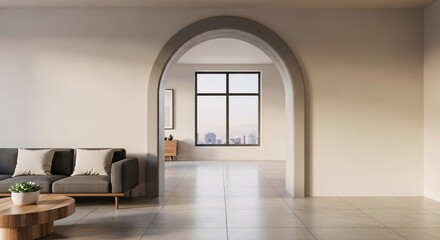 Fototapeta premium Modern interior with archway and city view through window