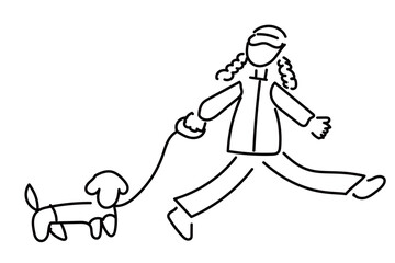 犬の散歩をする女性のゆるかわいい線画イラスト