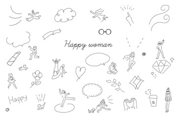 線画の女性と装飾のイラストセット｜ミニマルでスタイリッシュな手描きイラスト
