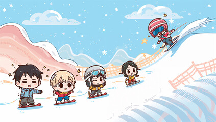 Obraz premium チビキャラの漫画調で日本人が雪遊びするポップなゲレンデ