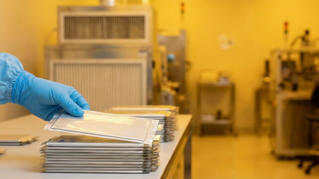 A gloved hand carefully handles stacks of lithium-ion pouch cells in a yellow-lit cleanroom, highlighting battery manufacturing and energy technology.