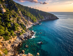 Obraz premium Scenic coastline featuring lush hillside, turquoise water meeting a rocky shore, bathed in sunset