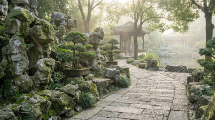 Obraz premium Misty morning light illuminates a tranquil Chinese garden with a winding stone path, traditional pavilion, lush bonsai, and serene pond, evoking ancient beauty.