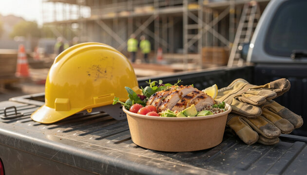 Healthy Grilled Chicken Bowl on Pickup Truck Tailgate at Construction Site