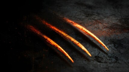 Claw marks on dark background with fiery glow, abstract scratch effect.