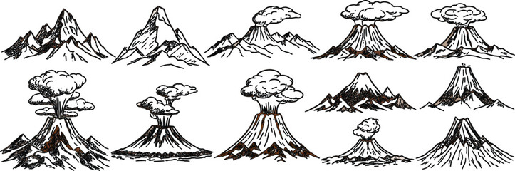 Hand drawn volcano and mountain eruption collection sketch vector illustration isolated nature landscape set © Sumon Creative