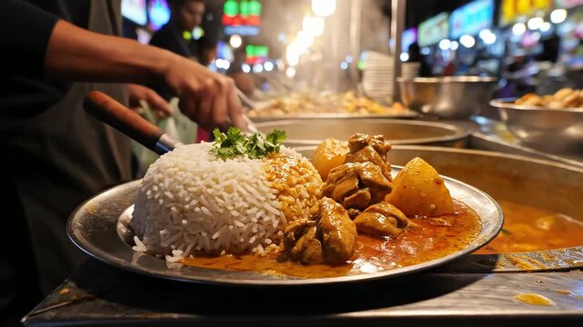 Plate of rice with meat and curry at an outdoor food stall