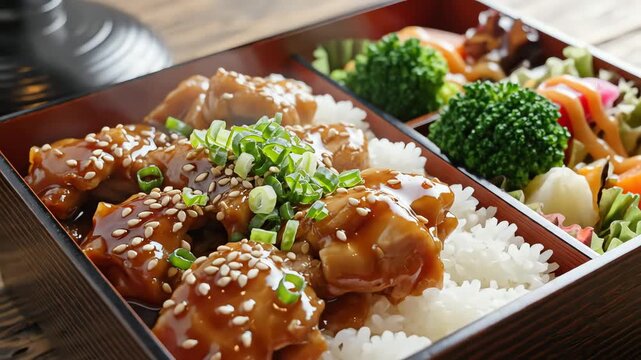 Prepared meal bento box with rice vegetables and chicken