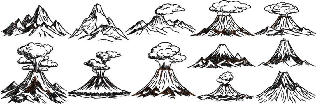Hand drawn volcano and mountain eruption collection sketch vector illustration isolated nature landscape set