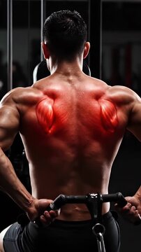 Muscular Man Exercising Back Muscles On A Cable Machine In A Gym With Red Muscle Highlighting For Anatomical Study And Fitness Promotion