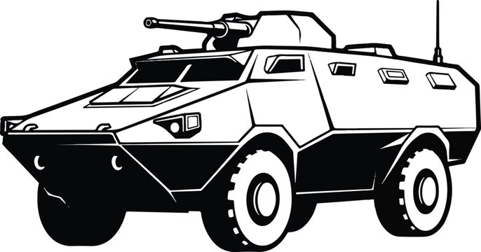 Armored Vehicle Illustration Featuring Military Transport with Cannon and Antenna in Vector Format