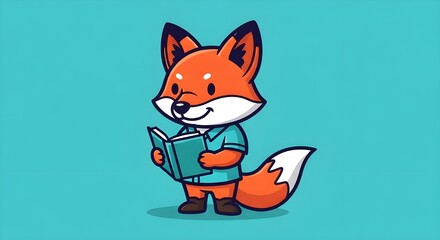 Obraz premium A cute cartoon fox wearing a blue shirt, standing and reading a book against a turquoise background.