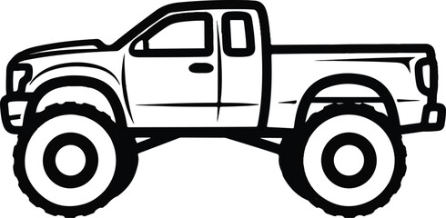 A vector illustration of a large pickup truck from a side view, showcasing its oversized tires and detailed design elements.