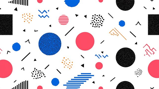 Geometric shapes in various patterns and colors scattered across the frame in a dynamic abstract composition viewed from directly above.