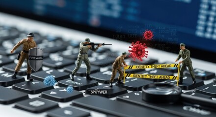 Obraz premium Cybersecurity concept: Miniature soldiers defending against viruses on a keyboard