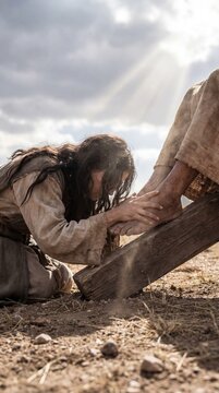 A woman holding the feet of Jesus on the cross in sorrow