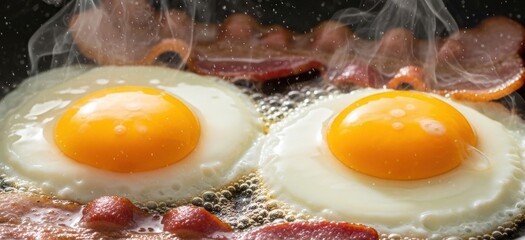 Sizzling Sunny-Side-Up Eggs and Crispy Bacon in a Frying Pan with Rising Steam &ndash; Hot Breakfast Concept