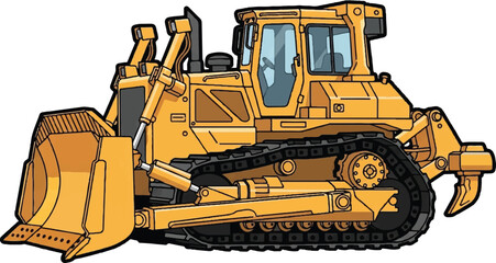 Heavy machinery bulldozer operating on construction site, viewed from the side, displaying industrial equipment in action © teknik