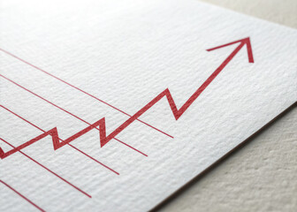 Closeup of a red line graph on white paper with an upward trend and arrow pointing to growth  business and finance concept
