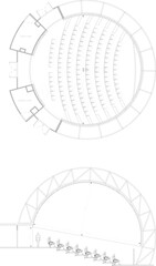 Large Auditorium and Theater Design &ndash; Circular Seating Layout with Aisle Planning and Section Drawing